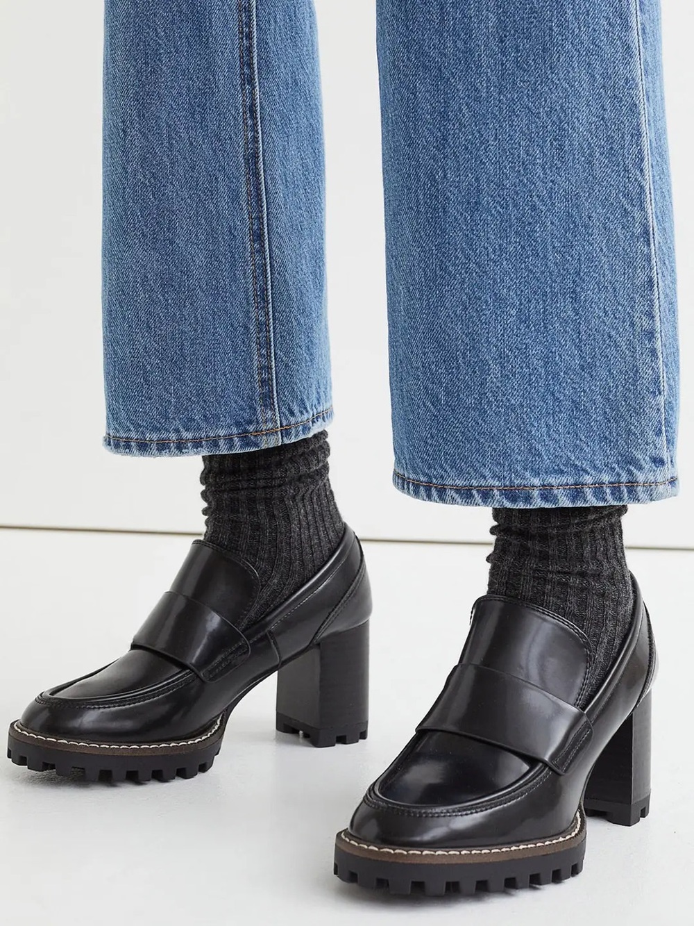 H&M Black Heeled Patent Penny Loafers with Lug Sole - Picture 5 of 6